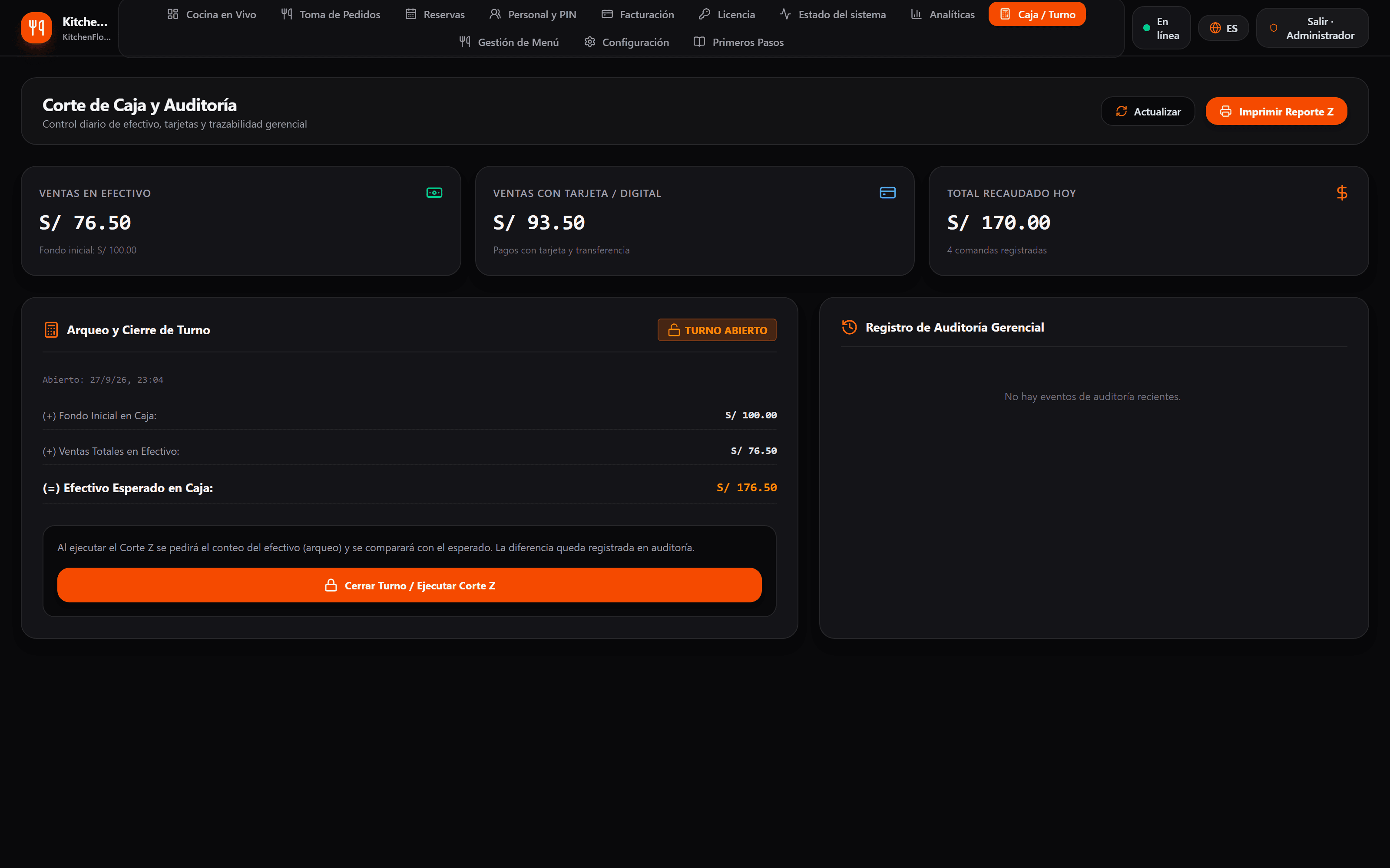 Caja con el Z-report por método de pago
